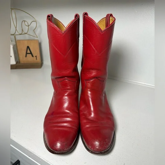 Justin Vintage Cherry Red Leather Western Boots Women's 6.5B Cowboy Boots USA - Picture 2 of 9